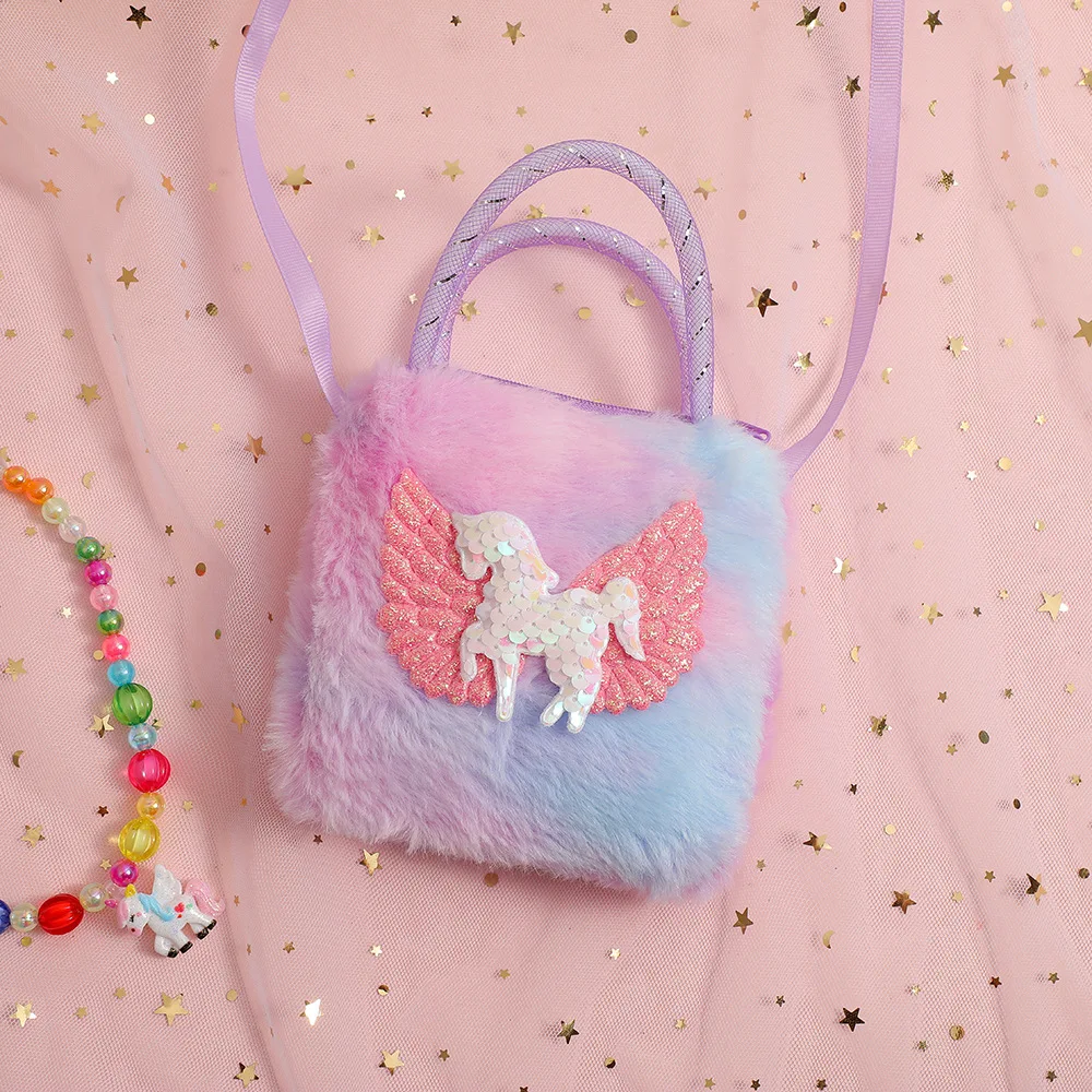 Kawaii Cute Cartoon Unicorn Kids Shoulder Bag for Girls Plush Shiny Gradient Color Crossbody Bag Baby Small Stuff Storage Bag