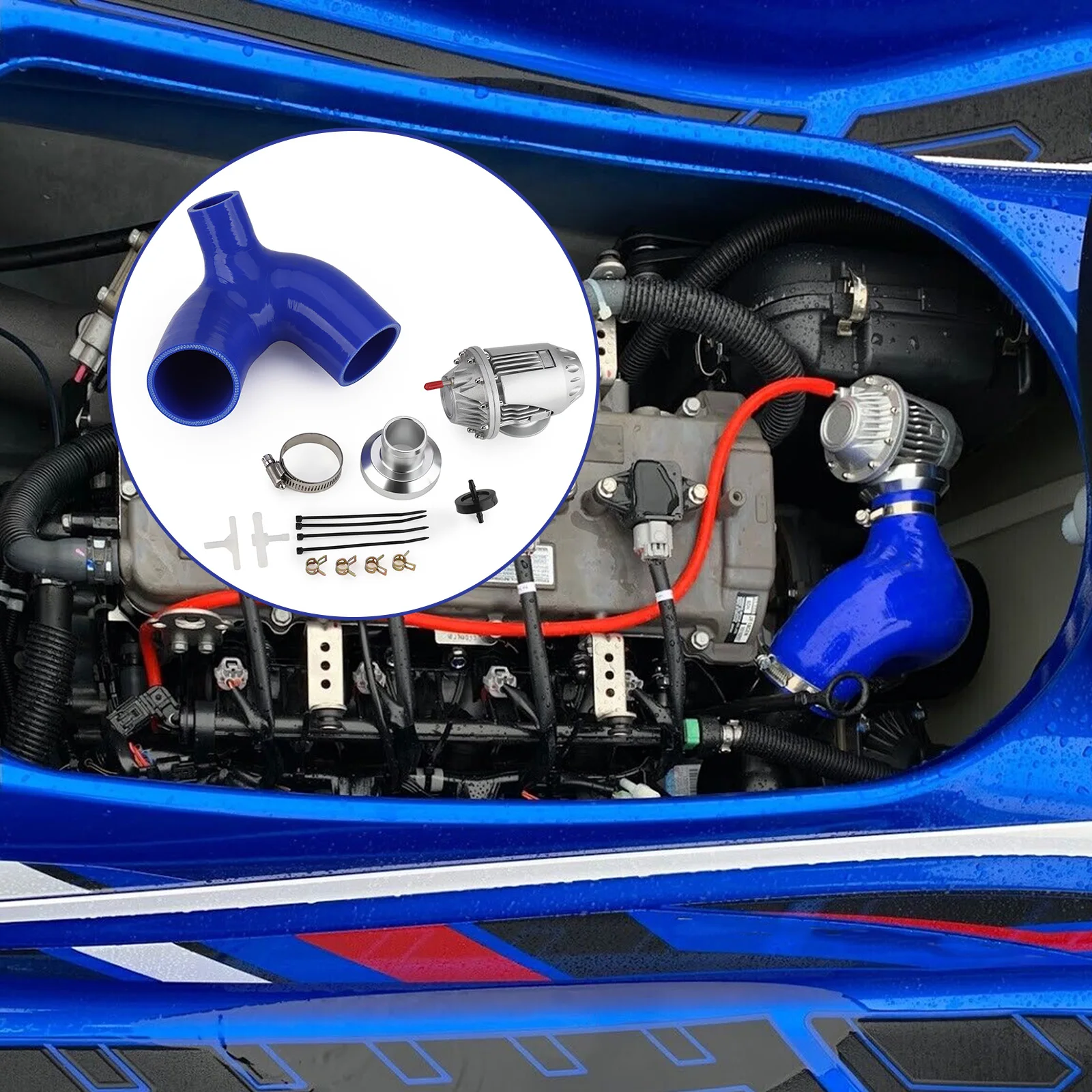 Kompressor-Abblasventil BOV Kit HKS SQV4 Silber ohne Logo Silikonschlauch blau für Yamaha FZR FZS SVHO SHO FX GP1800 WaveRunner – Detail 6