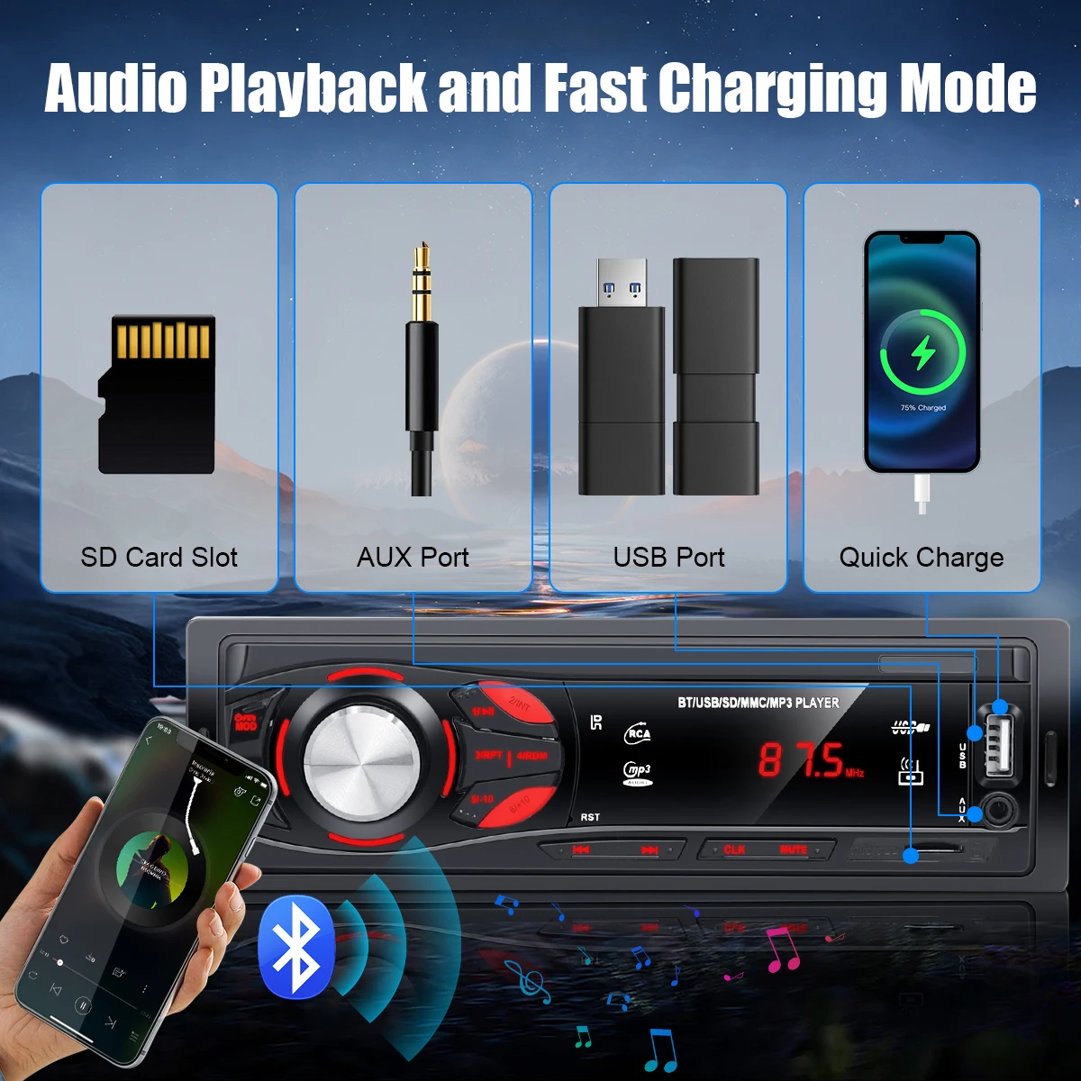 DuoDton Car Radio Audio 1 Din Bluetooth Stereo Hands-Free Calling MP3 Player FM Receiver With AUX/USB/TF Card In Dash Kit