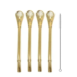 Yerba Mate Reusable Stainless Steel Straw Set with Cleaning Brush - 5 - Piece Metal Tea Tool Set (Gold V)