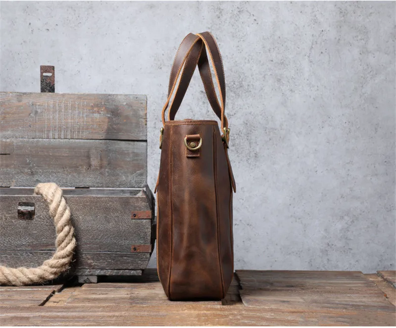 Vintage große Kapazität Crazy Horse Rindsleder Herren Einkaufstasche natürliche echtes Leder Arbeitshandtasche Shopping Schulter Messenger Bags – Detail 11