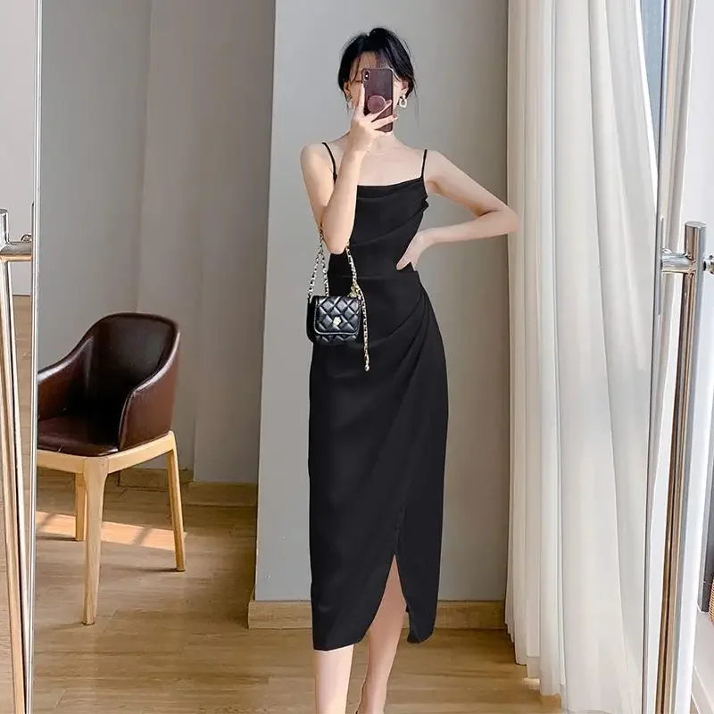 High-end Feel French-style Slimming Tank Dress 2024 Summer Waist-fitted Medium-length A- line Skirt Sleeveless Side Slit - Image 4