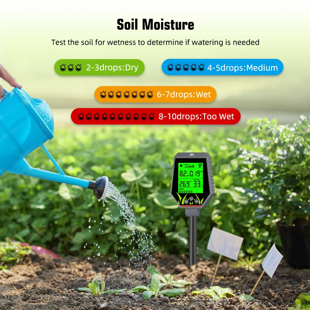 Soil Meter Digital pH Moisture Fertility Light Temp Humidity Analyzer for Garden