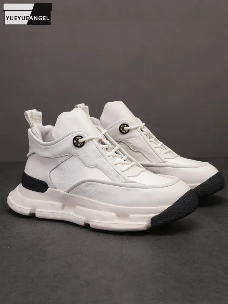 

Кроссовки мужские из натуральной кожи, Повседневные высокие кеды с круглым носком, на шнуровке, дышащие, на платформе, размеры до 45, весна-лето