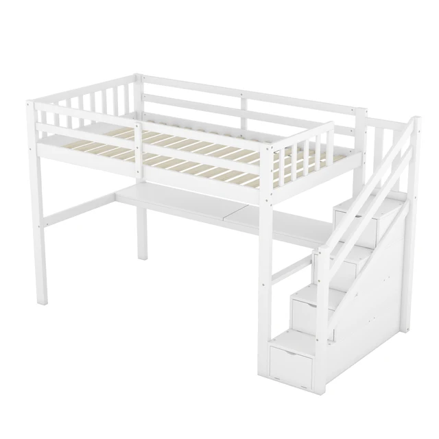 Letto A Soppalco 90x200cm Per Bambini - Con Scala E Ripiano, Bianco E Naturale - Foto 11