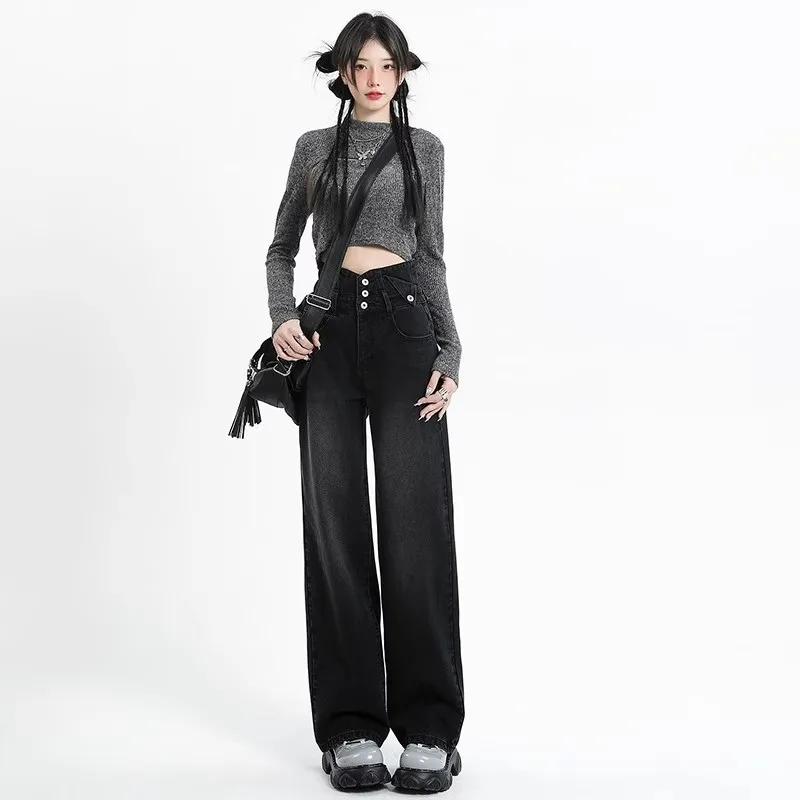 블랙 청바지 여성용 하이 웨이스트 루즈핏 슬리밍 스트레이트 레그 와이드 레그 배 모양 바디 가을 겨울 시즌