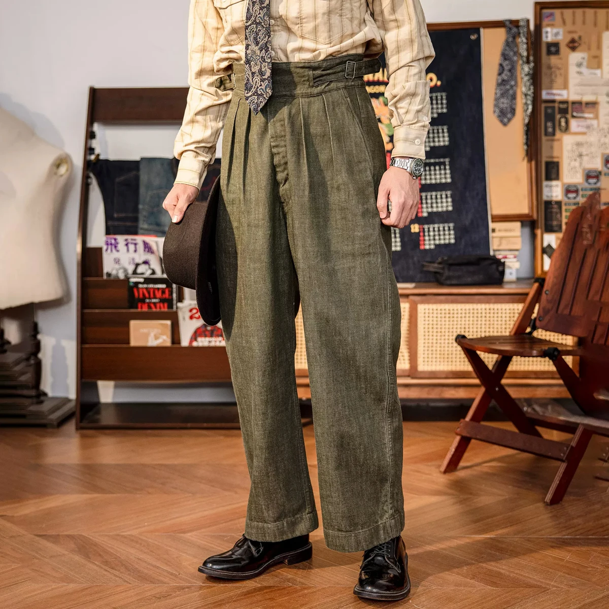 Red Tornado Cimosa Denim Gurkha Pantaloni In Pantaloni A Vita Alta Da Uomo Verdi Gamba Larga