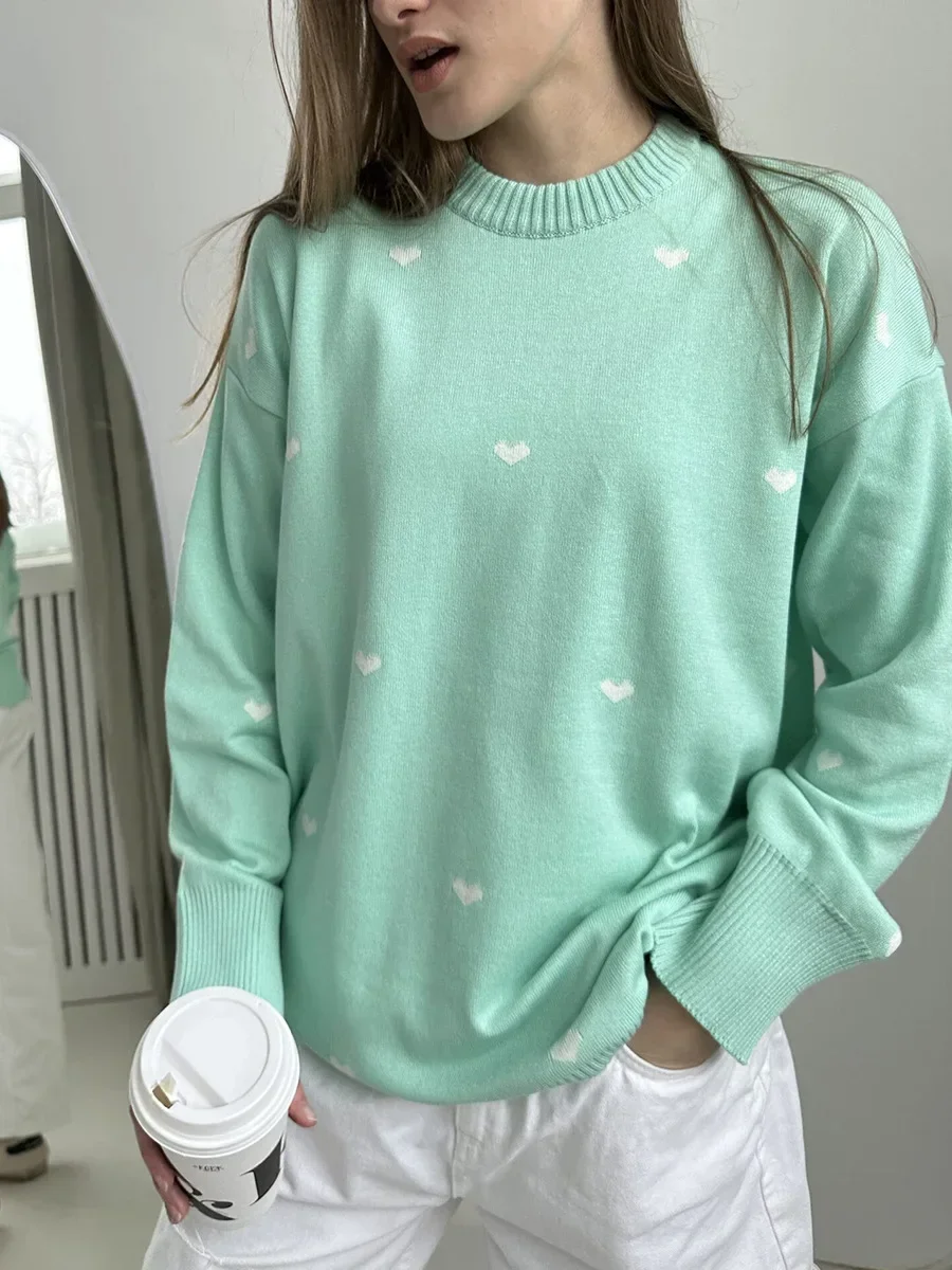 Bornladies Women's Love Print Knitted Pullover Fashion Casual Loose Female Versatile Top Autumn Winter Warm Oversized Sweater