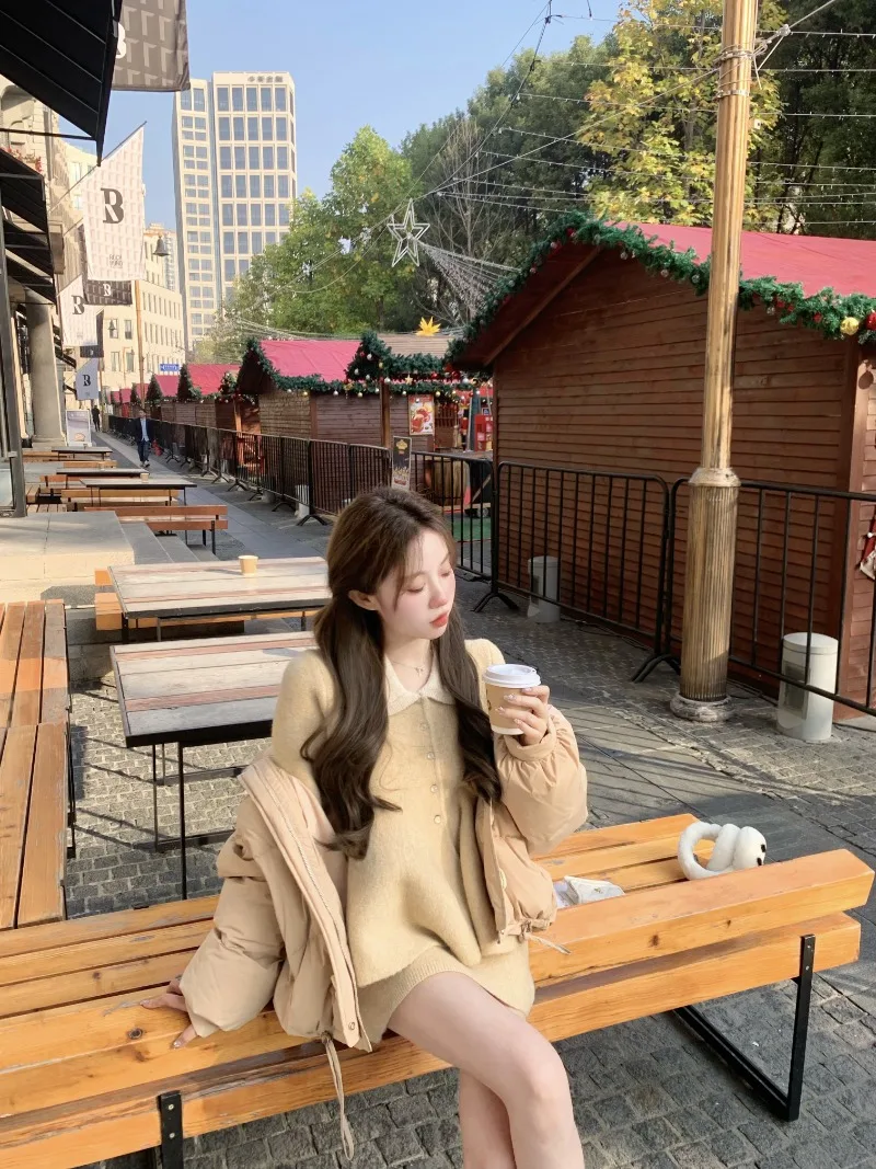 

Miiiix Milk Yellow Atmosphere Knitted Sets Women's Doll Neck Sweater Coat Waist Half Skirt Two Piece Set Female Clothing