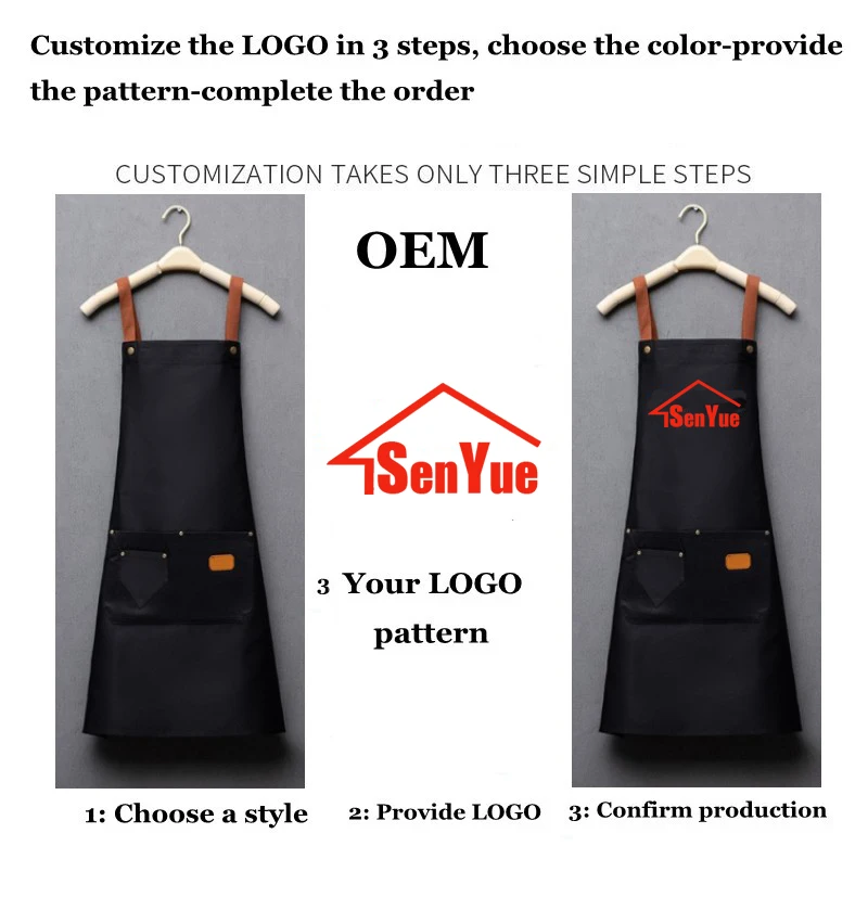 Customized Embroidery Print Logo Signature Waterproof Kitchen Aprons Home Chef Baking Clothes With Pockets Adult Bib Waist Bag 2