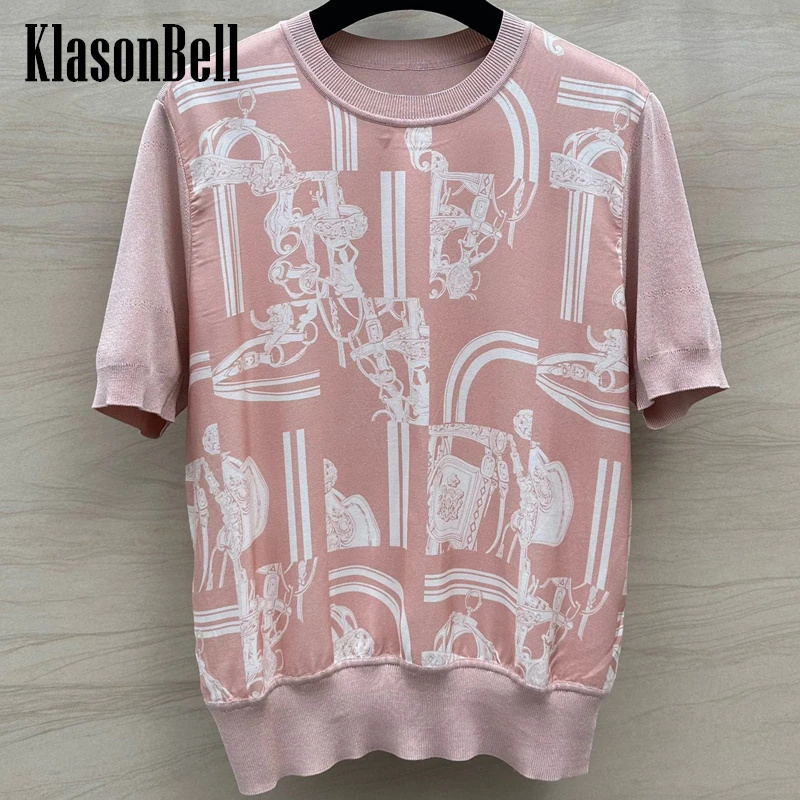 

4.29 KlasonBell Chain Geometric Pattern Silk Spliced Short Sleeve Knitwear Top Women O-Neck Hollow Out Verastile Pink T-Shirt
