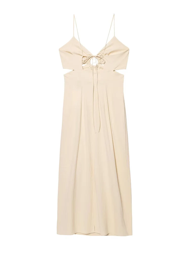 TFMLN Summer Women Hollow Slip Dress Solid Sexy V-Neck Backless Sleeveless Cut Design Long Dress Elegant Slit Hem Slim Evening