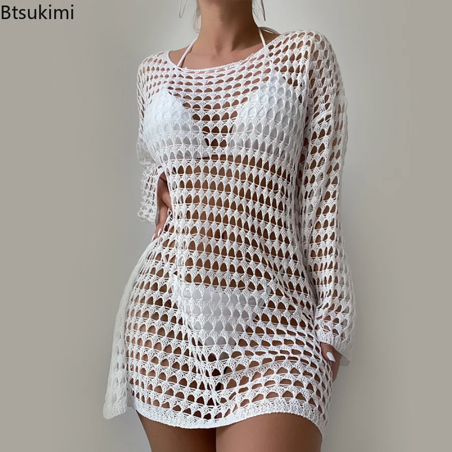 

2023 See Through Hollow Out Bikini Cover Ups Tops Women Beachwear Long Sleeve Beach Dress Crop Tops Crochet Swimsuit Cover-Up