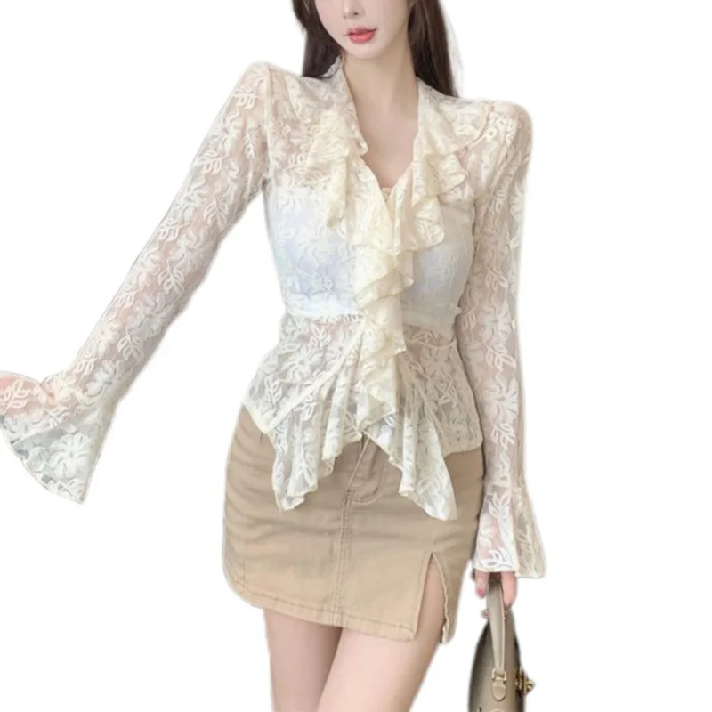 y2k Lace Blouse Women Coquette Clothes Sheer See Through Ruffle Flared Long Sleeve Shirt Top 2000s Clothing Streetwear