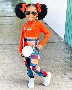 Qunq Girls' Spring Fashionable Solid Color Long Sleeved Top Plaid Leggings Two-piece Set 2