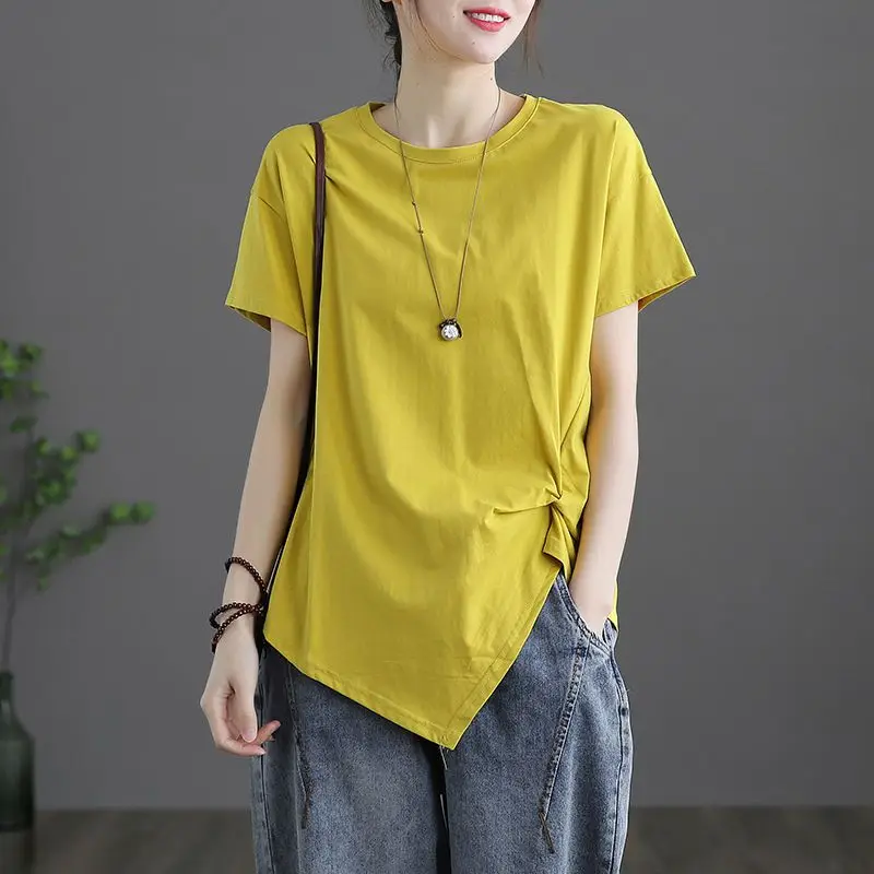 

Irregular Pleated Loose T Shirts Summer New O-neck Short Sleeve Solid All-match Simplicity Tops Fashion Casual Women Clothing