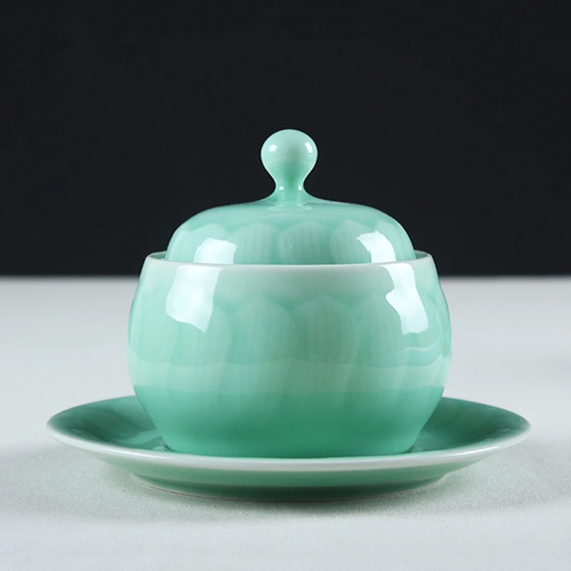 250ml Longquan Celadon Stew Cup Ceramic Soup Bowl With Lid Saucer Hotel