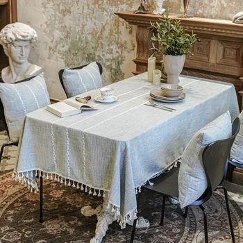 단단한 장식용 린넨 식탁보, 술 달린 두꺼운 직사각형 웨딩 식탁 커버, 찻상 천