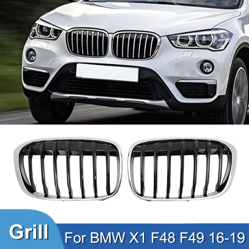 

Pulleco Chrome Grille Car Front Kidney Bumper Grill Racing Grilles For BMW X1 F48 F49 16-19 Silver Frame Black Core Grills Auto