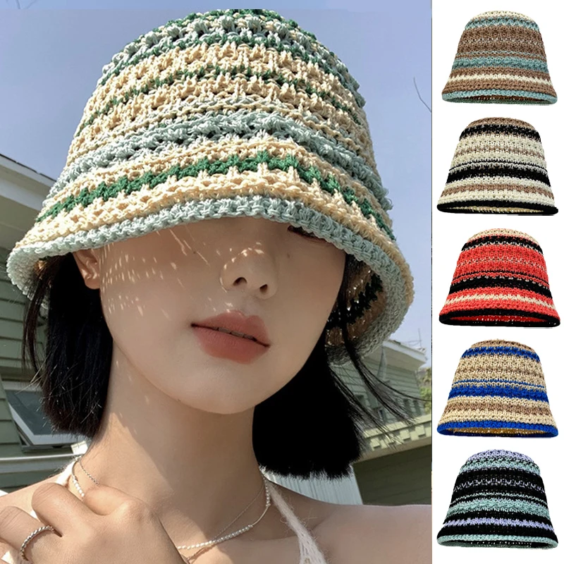 

Striped Knitted Buket Hat for Women Colorful Woven Sun Visors Summer Travel Vacation Beach Hats Japanese Hollow Out UV Basin Cap