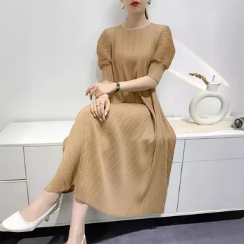 Miyake Pleated Dress 2024 Summer New Round Neck Loose and Comfortable A-line Short Sleeve Maix Dress 1