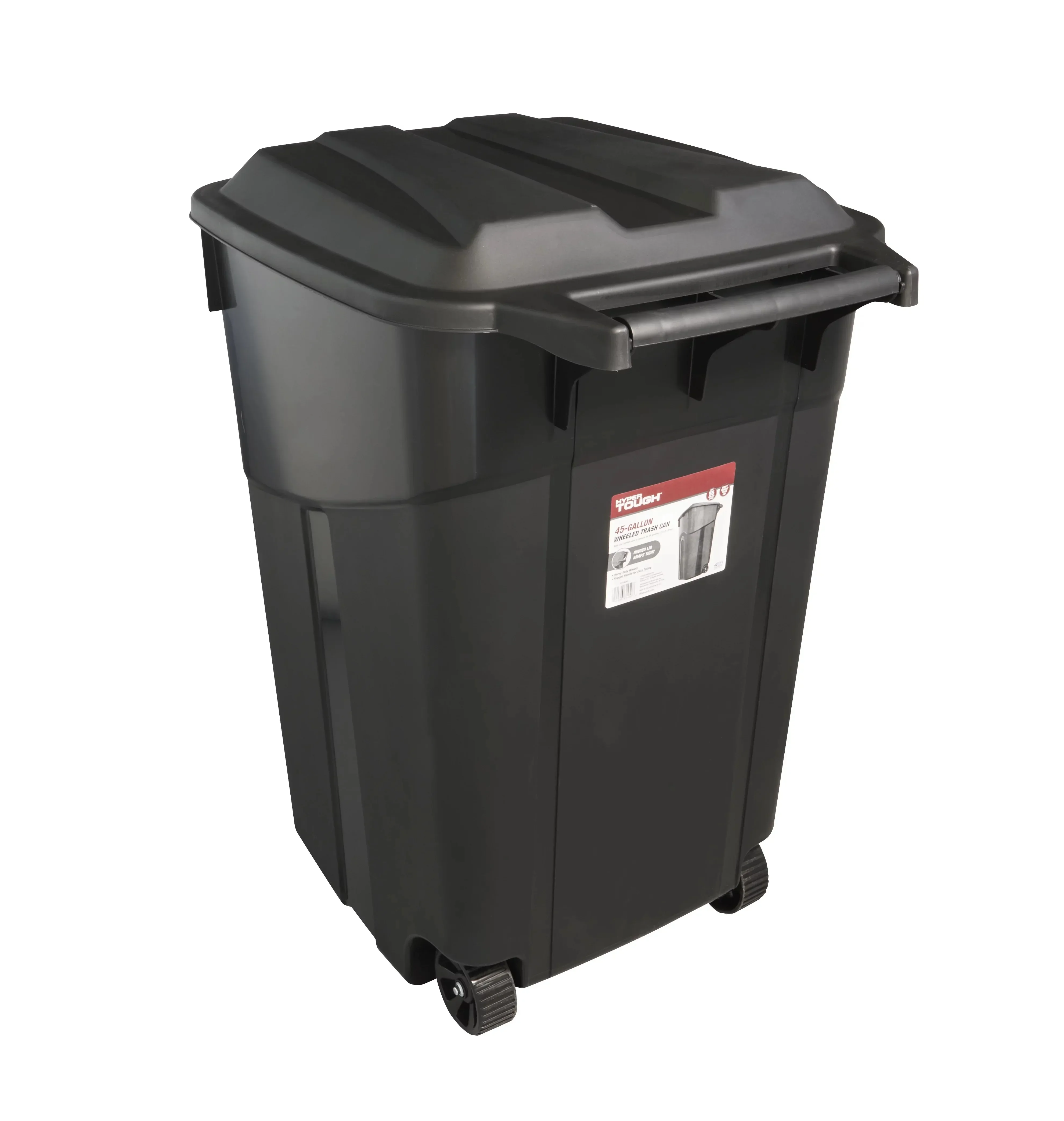 

45 Gallon Wheeled Heavy Duty Plastic Garbage Can, Attached Lid, Black