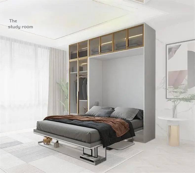 Space Saving Invisible Hidden Murphy Wall Bed With Bookshelf Desk Multi-Functional Smart Furniture
