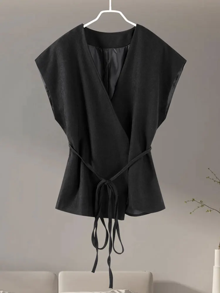 HH Women Elegant Solid Vests V Neck Sleeveless Lace Up Shirt Coat Casual Summer Female Fashion Y2k Top Vests