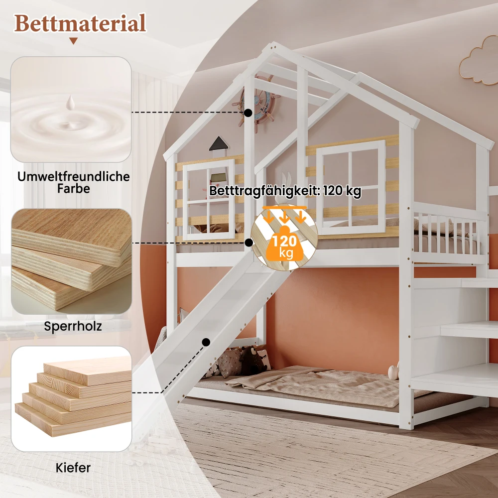 PINGGO Weißes Holz-Etagenbett 90x200cm mit Treppe, Rutsche, Fenster, Blockhaus-Design, Absturzsicherung, Massivholzrahmen, ohne Matratze – Detail 10