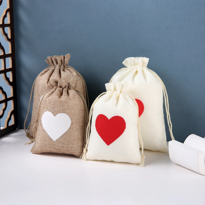 

10x14cm 13x18cm Heart Fabric Bag Drawstring Linen Cotton Bags Jewelry Display Packaging Gift Pouches Customize logo Wholesale