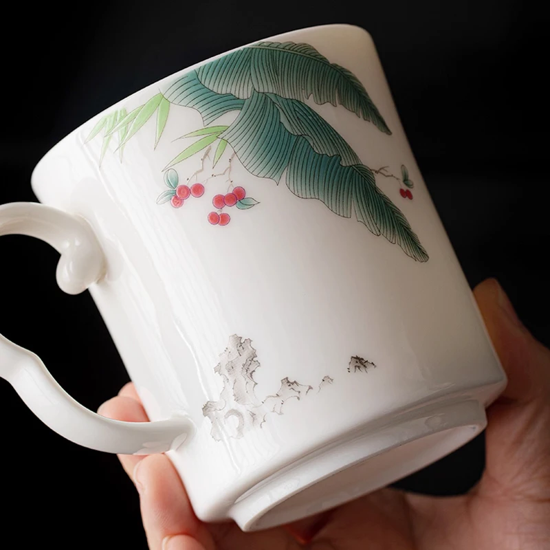 Chinese Style Pattern Ceramic White Porcelain Personal Tea Mugs, Personal Creative With Cover, Milk Water Coffee Cup, 420ml, 1Pc