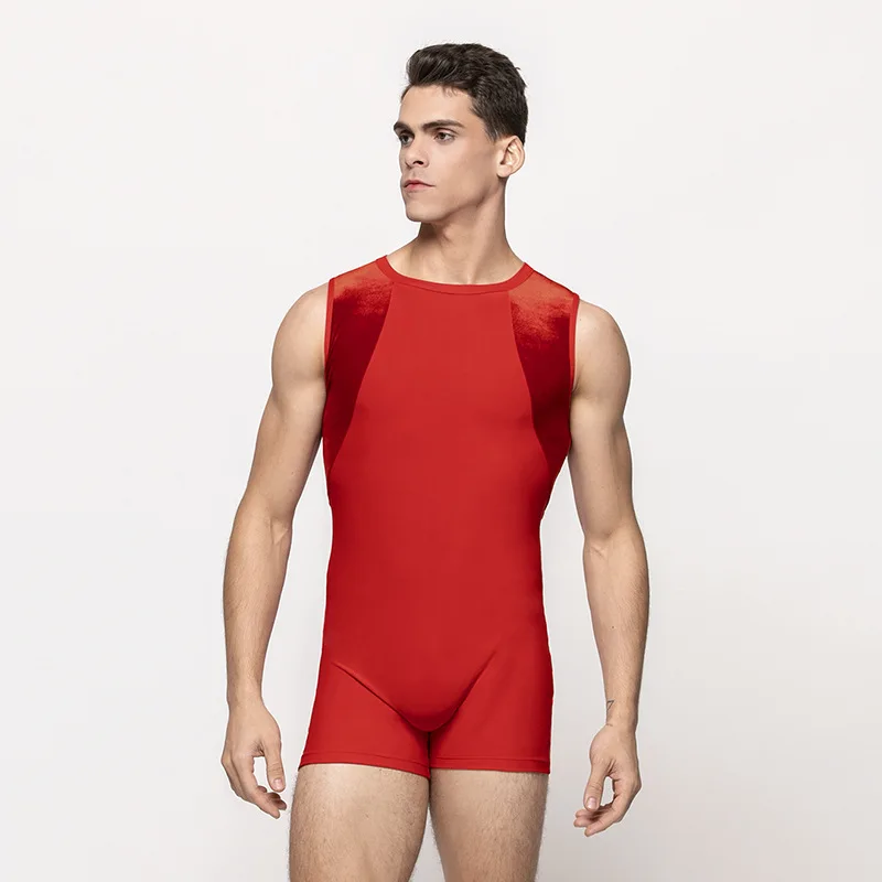 Summer Men Sexy Red Plus Size Rompers Playsuits Tight Glossy Dance One-piece Catsuit Sports Jumpsuits sexy smooth tight high elastic soft see through bodysuit adult club dance rompers zipper open crotch oil glossy jumpsuits women