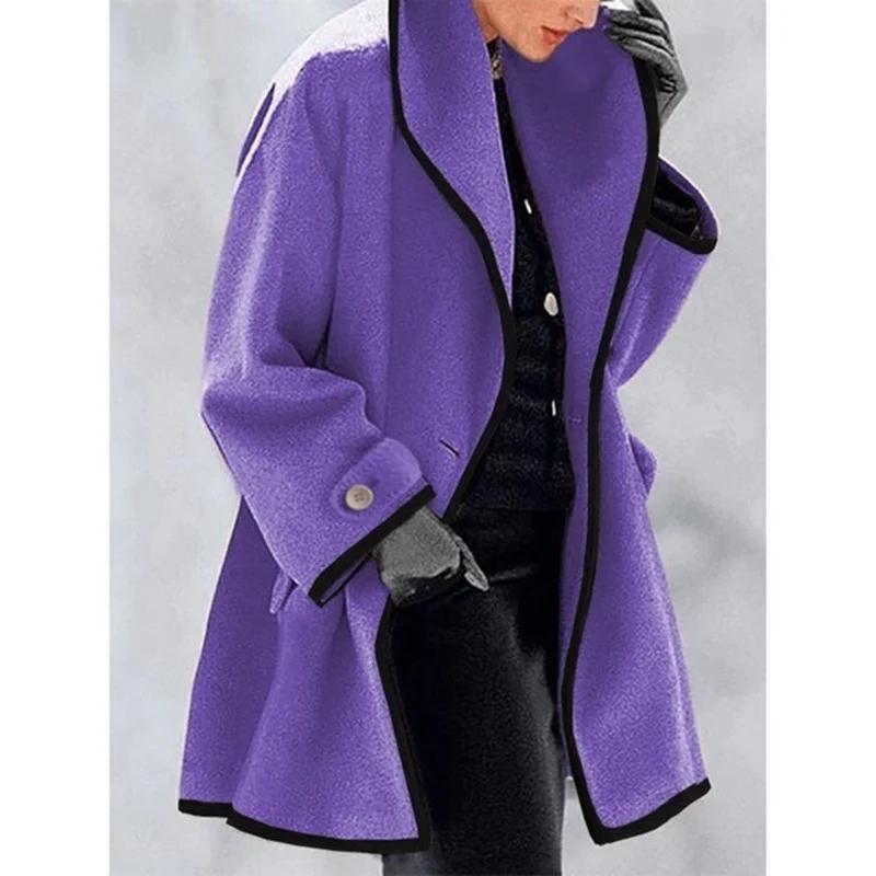 2023 Women's Autumn and Winter New Multicolor Round Neck Loose Woolen Coat One Button Color Matching Long-sleeved Casual Jacket