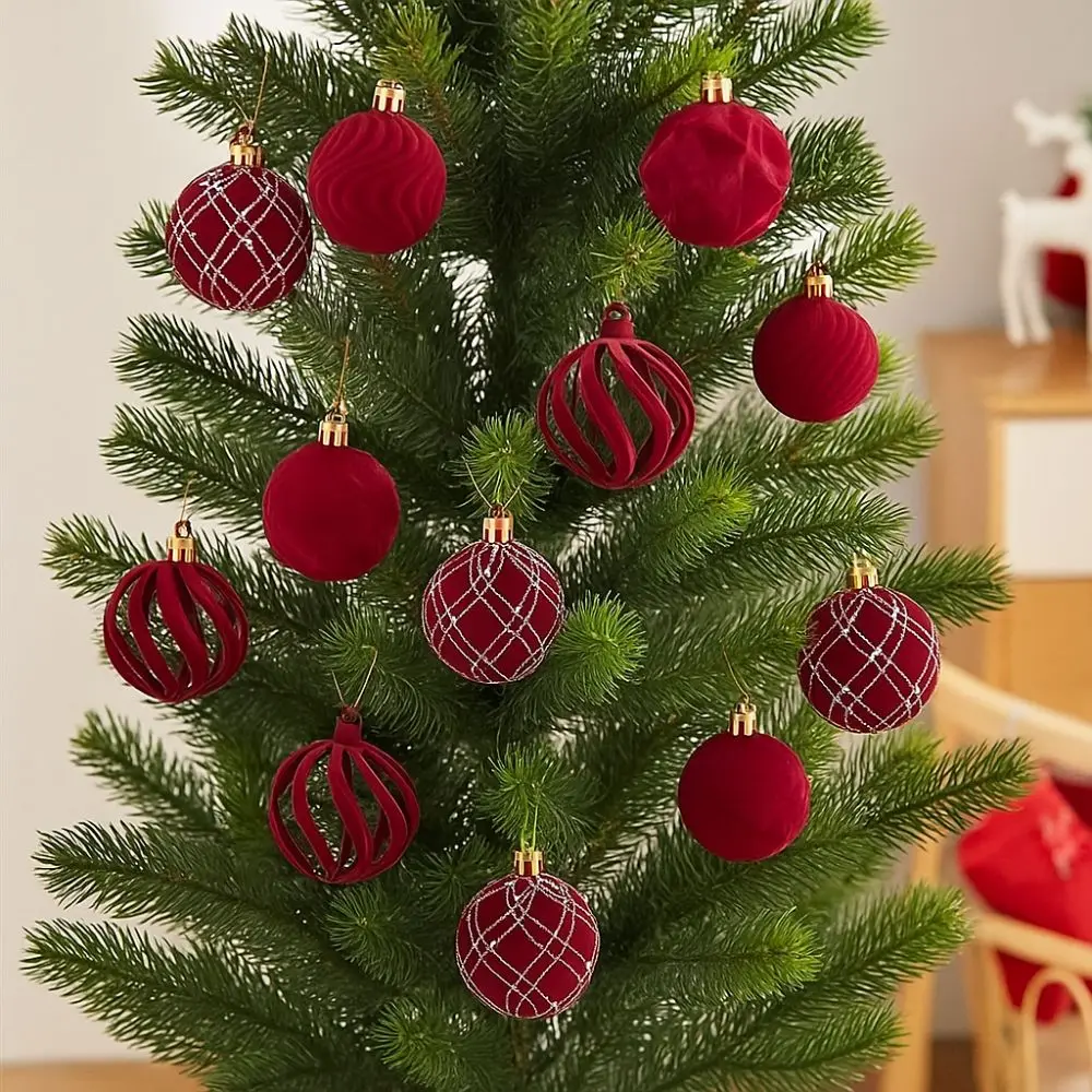 12pcs 6cm Christmas Hanging Ball Hand-Painted Flocking Velvet Spheres Pendant Plastic Wine Red Christmas Ball Ornaments New Year