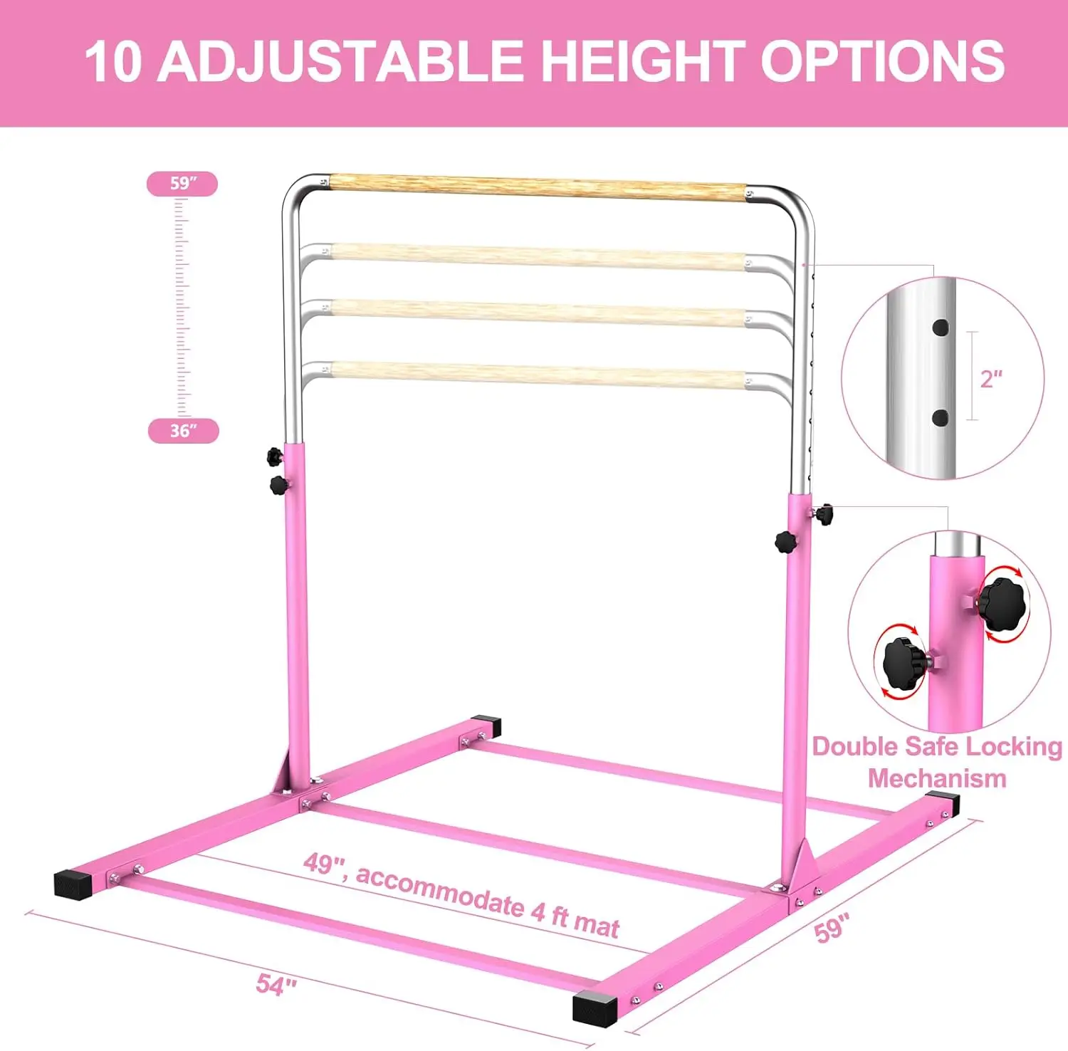 Gymnastics Training Bar- Height Adjustable 3' to 5' Horizontal Kip Bar for Kids