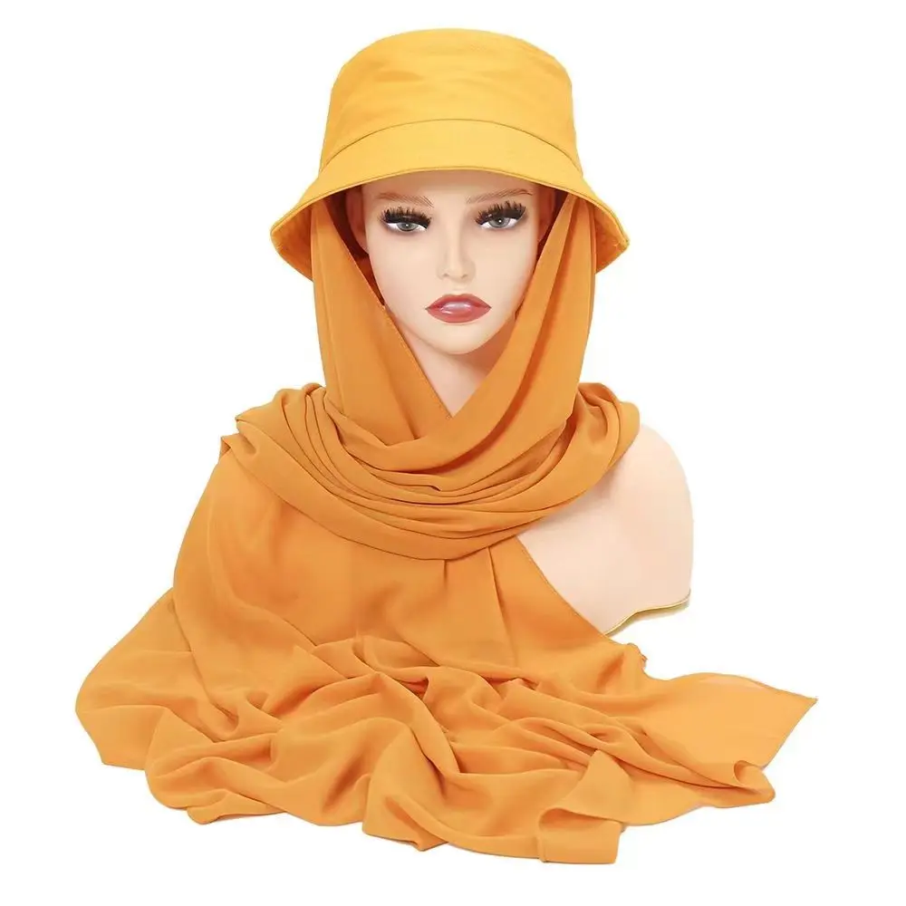 New Muslim Women Bucket Hat With Chiffon Hijabs Summer Sports Cap With Turban Ready To Wear Instant Hijab Islam Headscarf