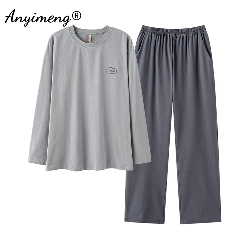 Autumn Winter Pure Cotton Pajamas for Men Fashion O-neck Pijamas Long Sleeved Long Pants Nightwear Male Loungewear