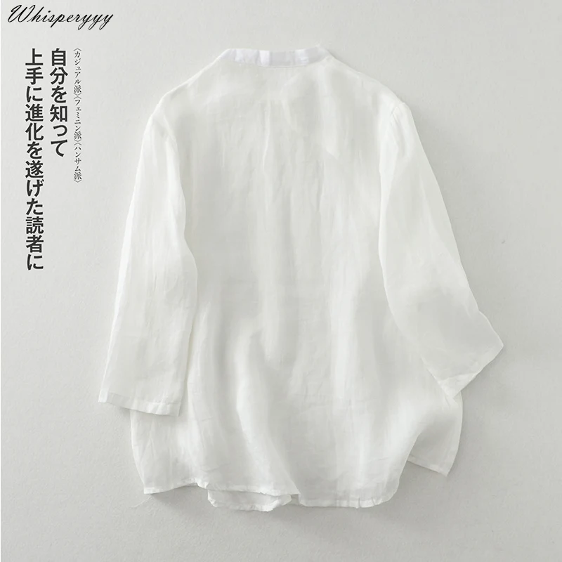 Cotton and Linen Blouse Women Spring and Summer Retro Chinese Zen Elegant Solid Color Tops Ethnic Style Shirt Female