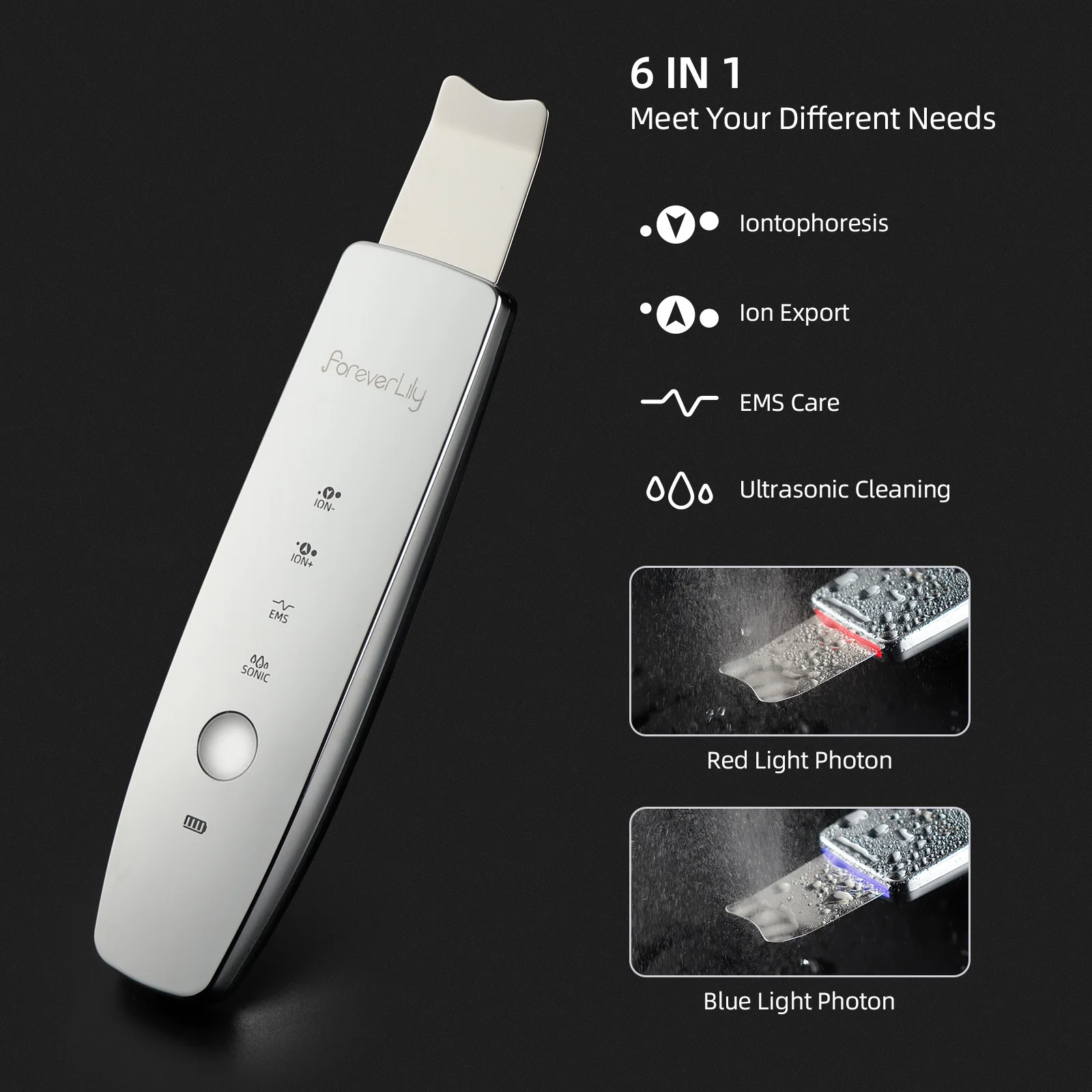 6 in 1 Ultrasonic Skin Scrubber EMS Facial Cleaner Shovel LED Face Peeling Black Head Remover Facial Massager