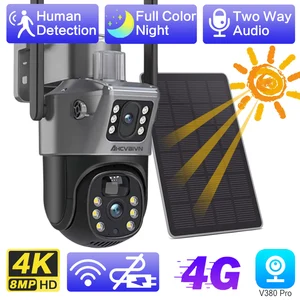 4K 8MP 4G SIM Card Solar Surveillance Camera PIR Motion Detection Outdoor PTZ Security IP Camera Color 50M Night Vision V380 Pro