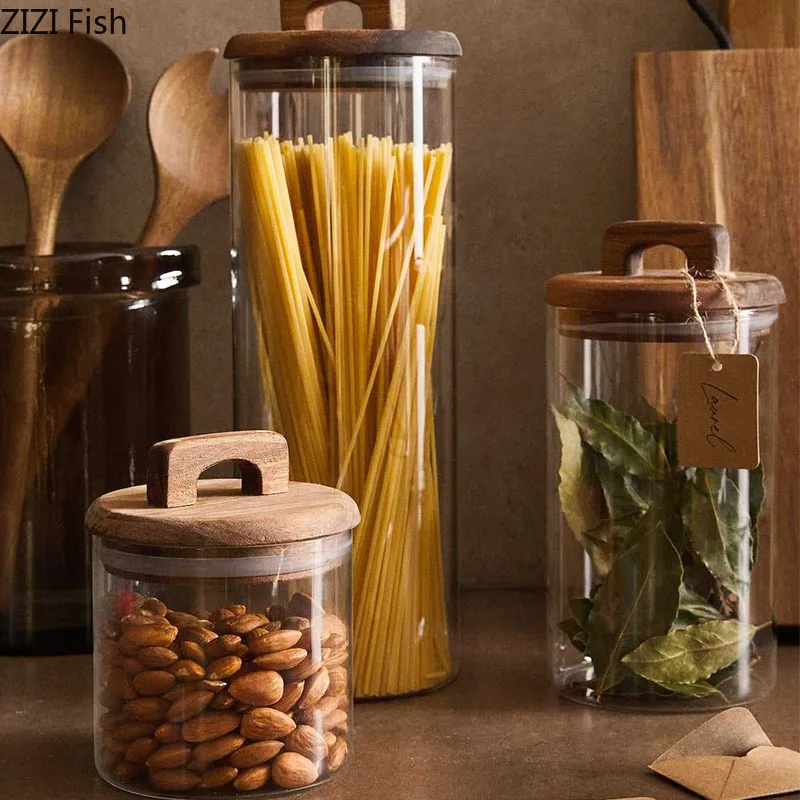 Wooden Lid Glass Storage Jar Creative Modern Household Miscellaneous Grain Storage Jar Kitchen Food Sealed Jar Storage Ornaments 2