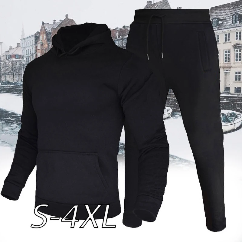 Men's Solid Fleece Tracksuits Hoodies+Pants Sets Pullovers Jackets Sweatershirts Sweatpants Oversized Hooded Streetwear Outfits