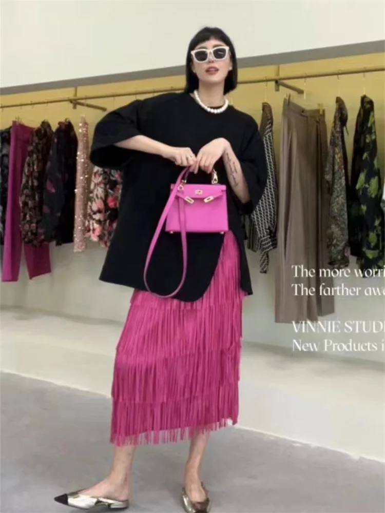 Miyake Style Pleated Skirt for Women Spring/Summer Fashionable Temperamental All-Match Elastic Solid Color Elegant Tassel Skirt