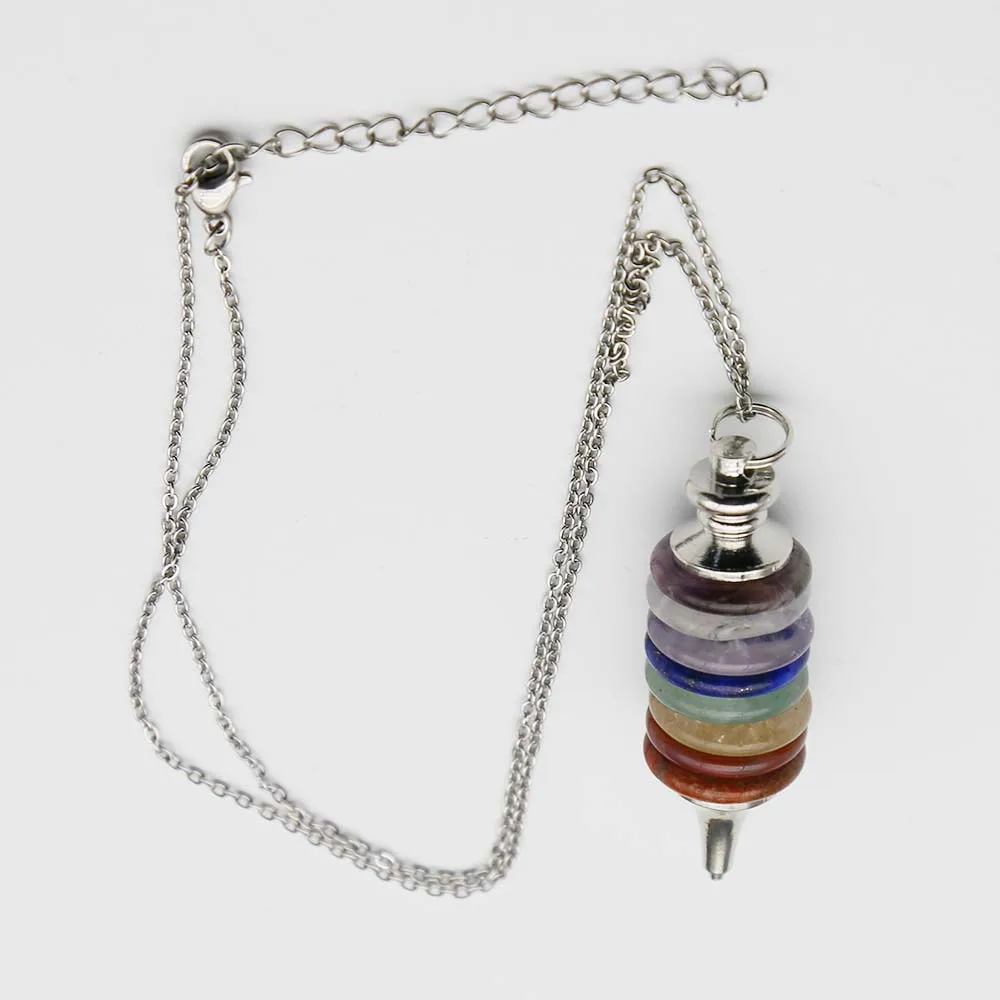 Charm Natural Crystal Seven Color Stone Round Piece Pendant Detachable Stainless Steel Style Sweater Chain Necklace Jewelry 3Pcs