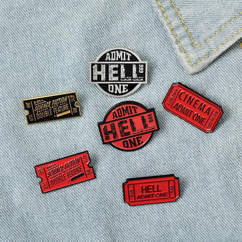 

9 styles Film Tickets Enamel Pins Cinema Hell Admit One Badges Custom Brooches Bag Clothes Lapel Pin Punk Black Red Jewelry Gift