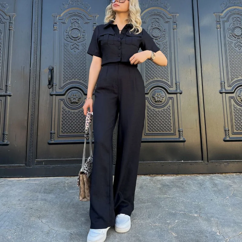 Fashion Solid Women 2 Pieces Sets Suits Spring 2024 Chic Office Lady Short Sleeve Shirt High Waist Wide Leg Pants Female