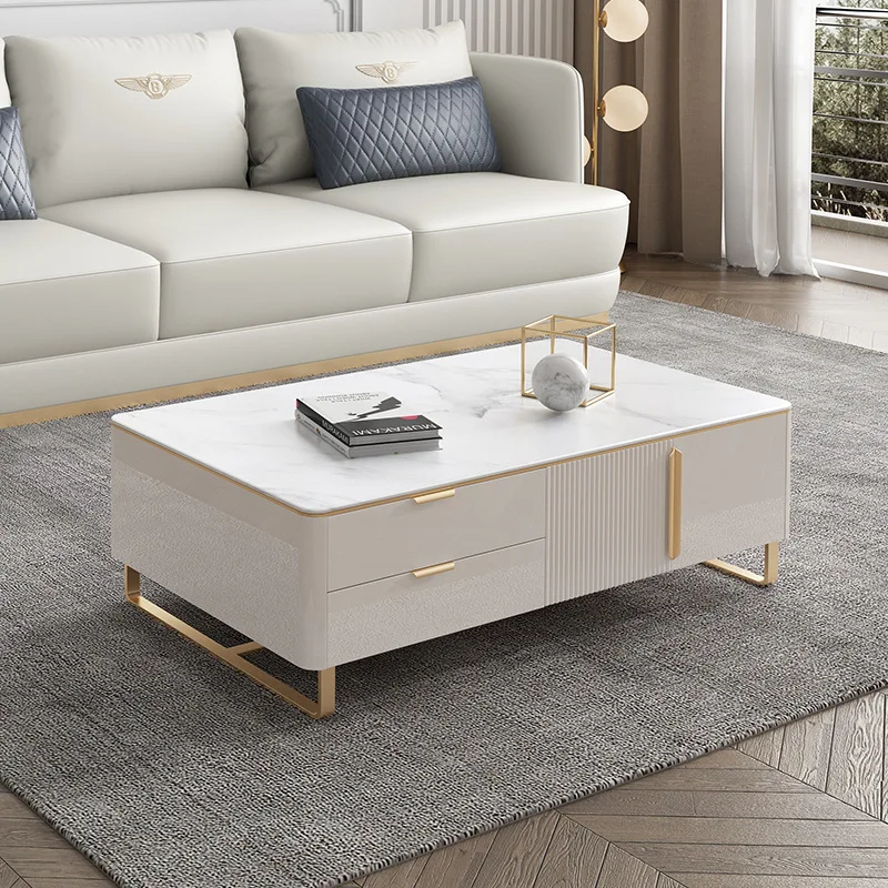 ATUNUS Living Room Furniture Elegant High End Gold White Stainless Steel Frame TV Stand And Coffee Table With Drawer For Home