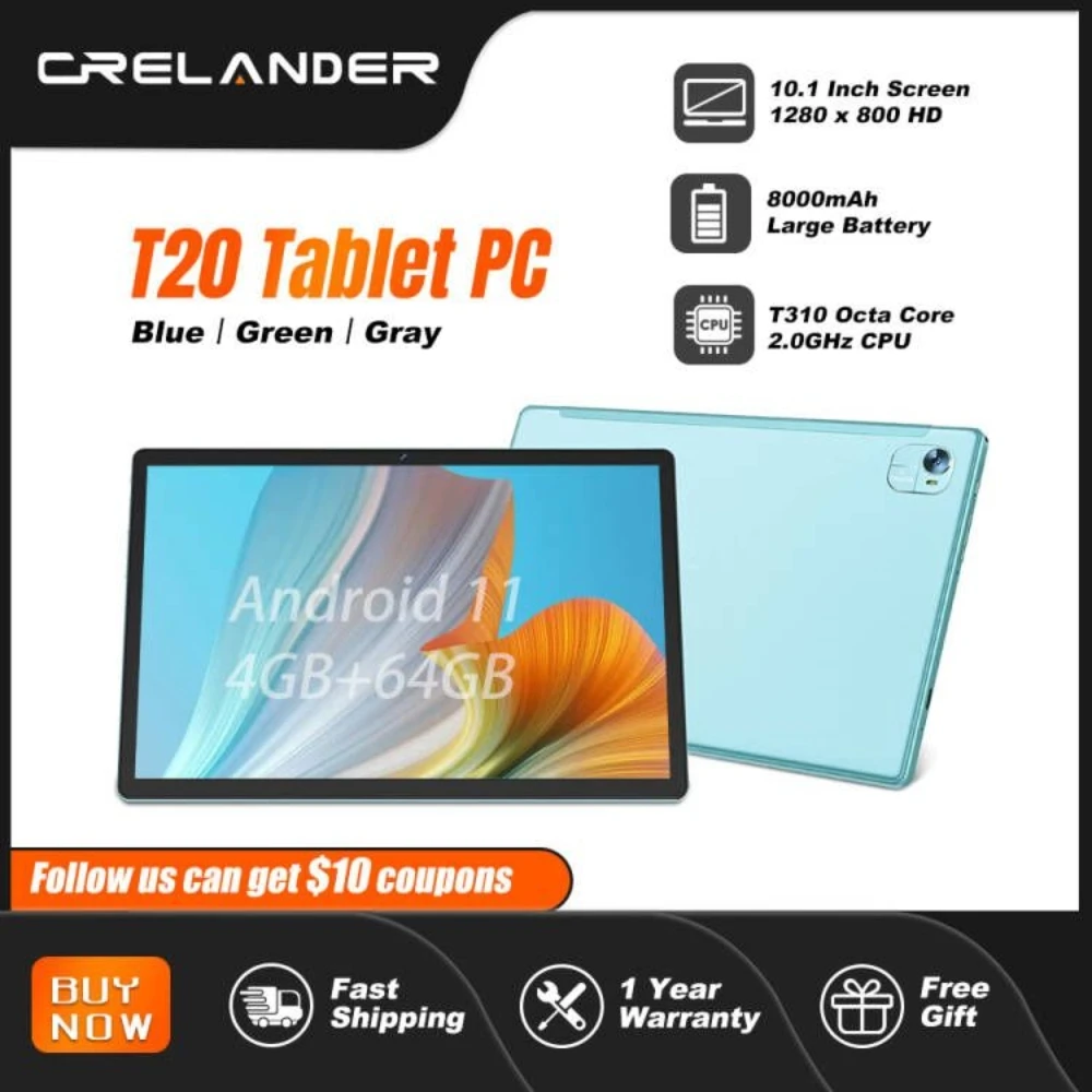 CRELANDER T20 Tablet PC 10 Inch Octa Core 4GB RAM 64GB ROM 8000mAh Battery 2.4G+5G WiFi Bluetooth 5.0 Android 11 Tablet p80 pad pro 8 inch tablet android 10 6gb ram 128gb rom tablettes 10 core calling tablet wifi 5g network type c smartphone