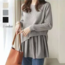 

New Women Mock Two Piece Knit Sweater Long Sleeve Solid Color Patchwork Round Neck Irregular Pullover Spring Fall Ladies Sweater
