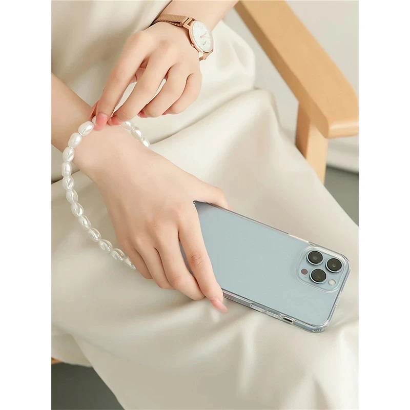Custodia Per IPhone 12 Pro Max 2 In 1: Cover Trasparente Con Perline E Braccialetto Abbinato, Fiocco Bianco